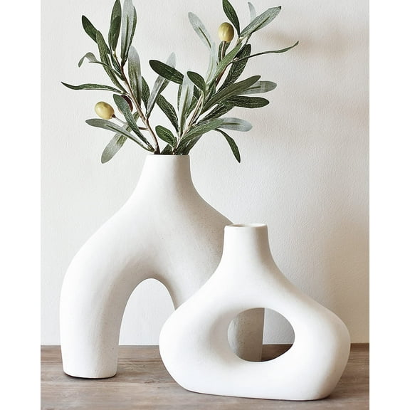 Donut Vase, Set of 2 - Minimalist Nordic, White Ceramic Hollow Donut Vase Decoration | Table Centerpiece, Olive Plant, Wedding, Living Room, Bookshelf, Office, Modern Home, Entryway, Console