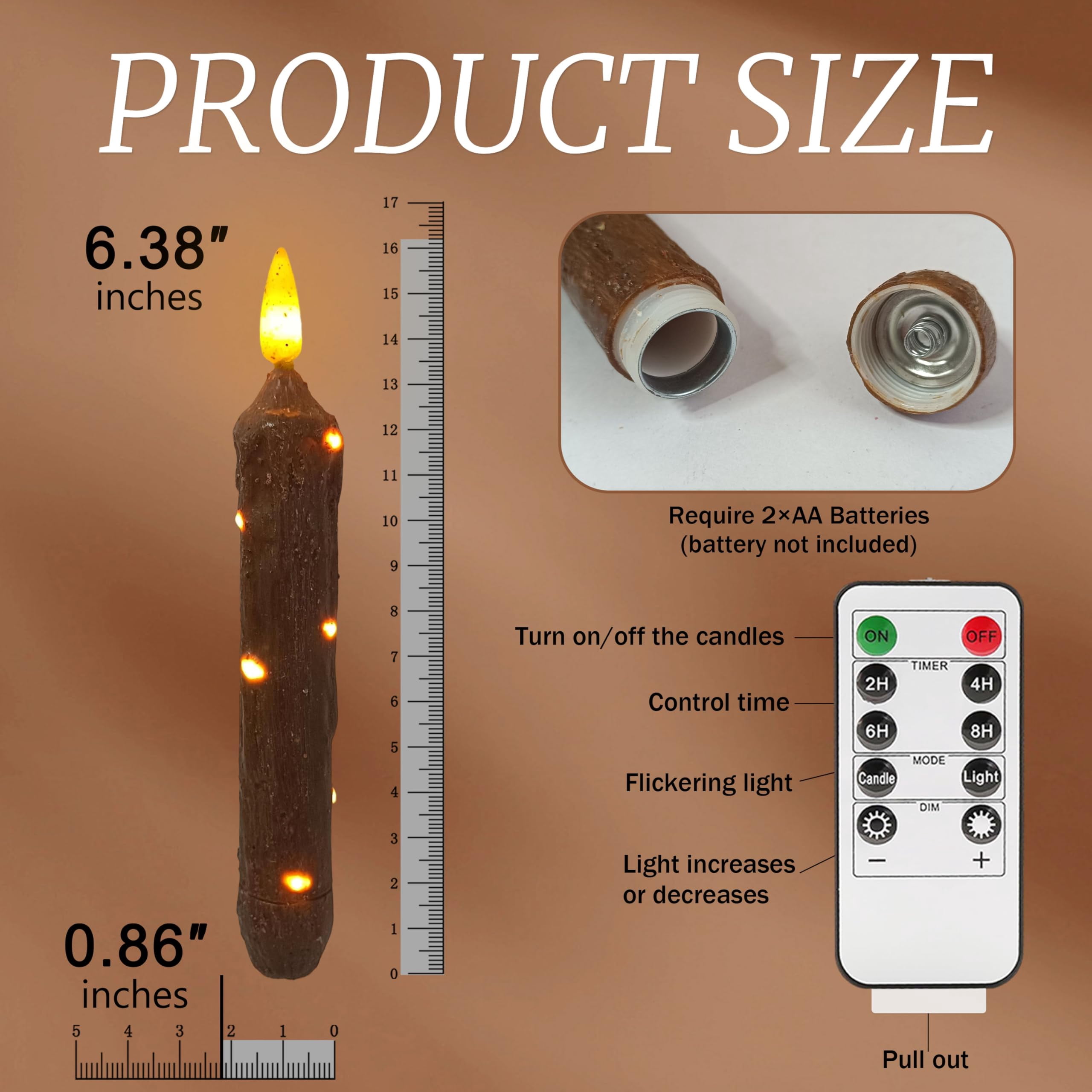 FCMSHAMD 6.5 Inches Primitive Real Wax LED Short Flameless Candles Hand Dipped Battery Operated Taper Candle with Timer Remote for Vintage Rustic Home Decor