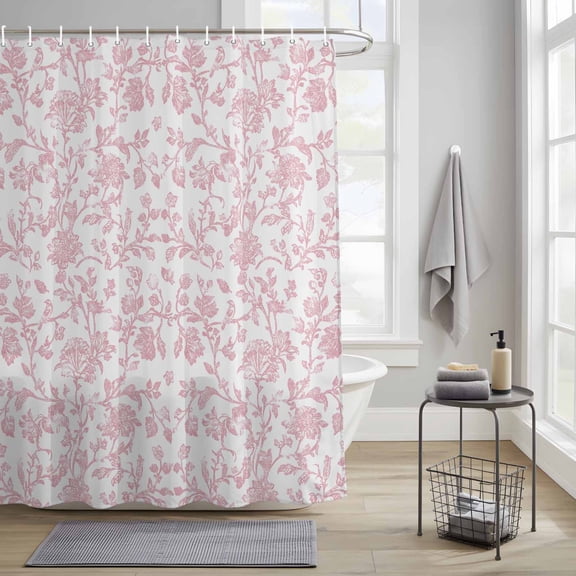 Bathroom Shower Curtain Vintage Farmhouse Pink Flower on White Waterproof Shower Curtains with Hooks, Pastoral Botanical Bath Curtains Bathtub Curtain Home Decor 36x72in