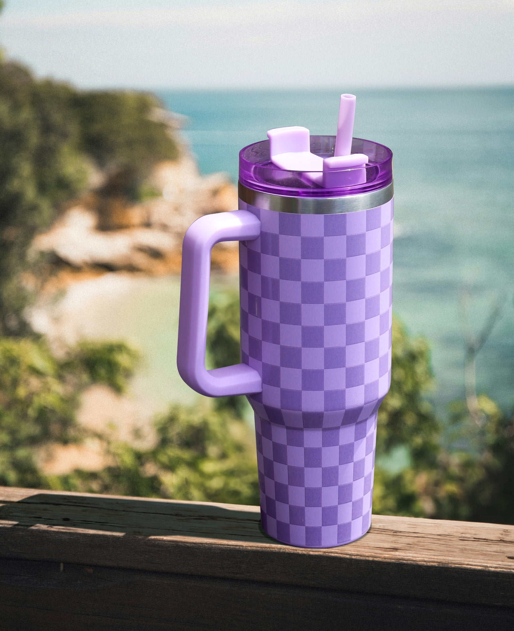 Mainstays 40 oz Stainless Steel Tumbler with Straw and Handle, Double Wall Insulated, Purple Check