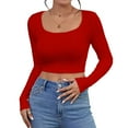 thumbnail image 2 of WonderWiz Women's Square Neck Long Sleeve Ribbed Slim Fitted Casual Basic Crop Top Red M, 2 of 5