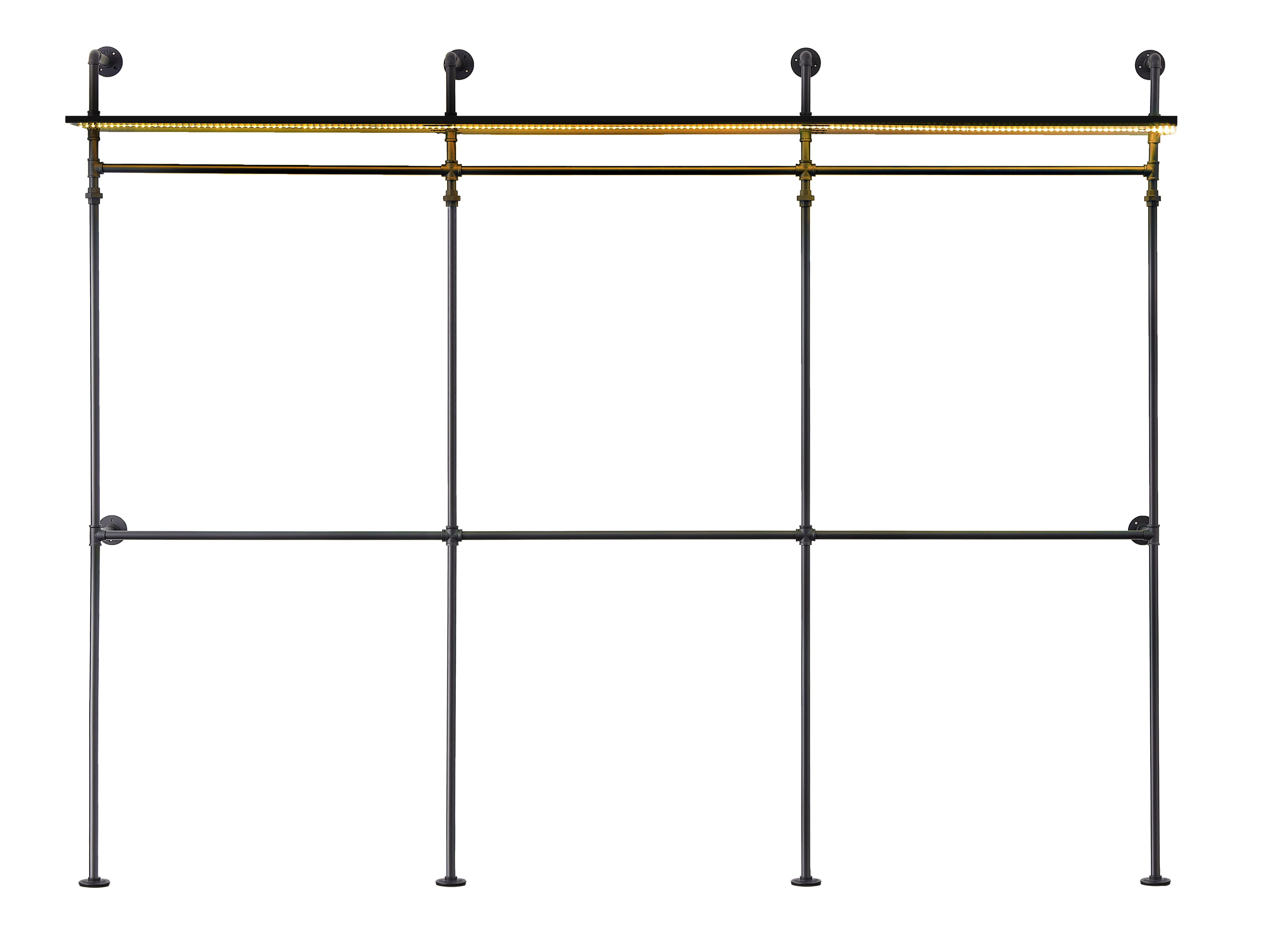 Industrial Pipe Clothing Rack, Reversible 118.3'' Clothes Rack for Hanging Clothes, Heavy Duty Garment Rack Closet Wardrobe Rack with LED Lights & Shelves, Walk-in Closet System, Black (Three)