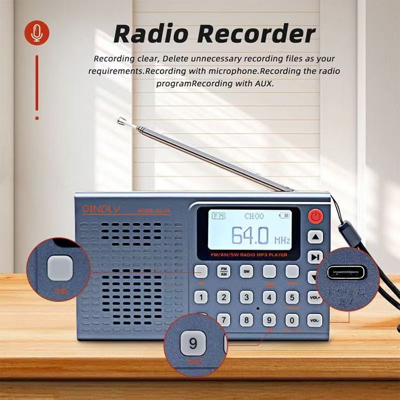 Portable Multi-Band Emergency Radio with Bluetooth, MP3 Player, Recording & Type-C Charging