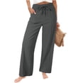 thumbnail image 2 of Cotton Linen Palazzo Pants for Women Summer Boho Casual Wide Leg Trousers Drawstring Work Lounge Pant Beach Vacation Gray XL, 2 of 6