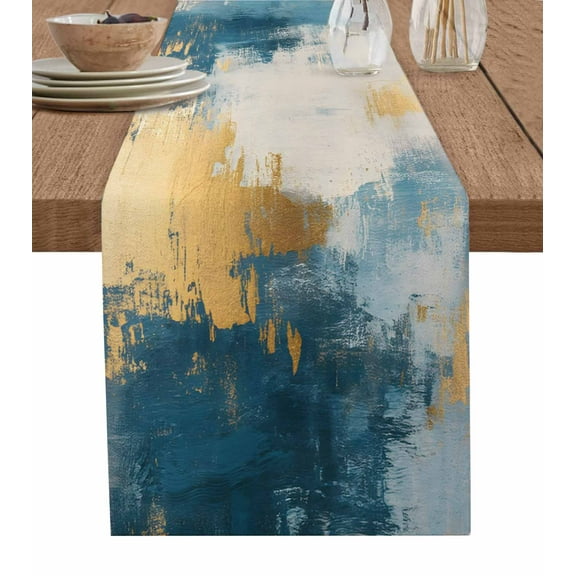 Abstract Turquoise Table Runner-Cotton Linen- 72 Inch Holiday Dresser Scarves, Modern Teal Orange Gray Painting Art Tablerunner for Kitchen Coffee/Dining Bedroom Living Room Dinner Scarf Décor 13x72