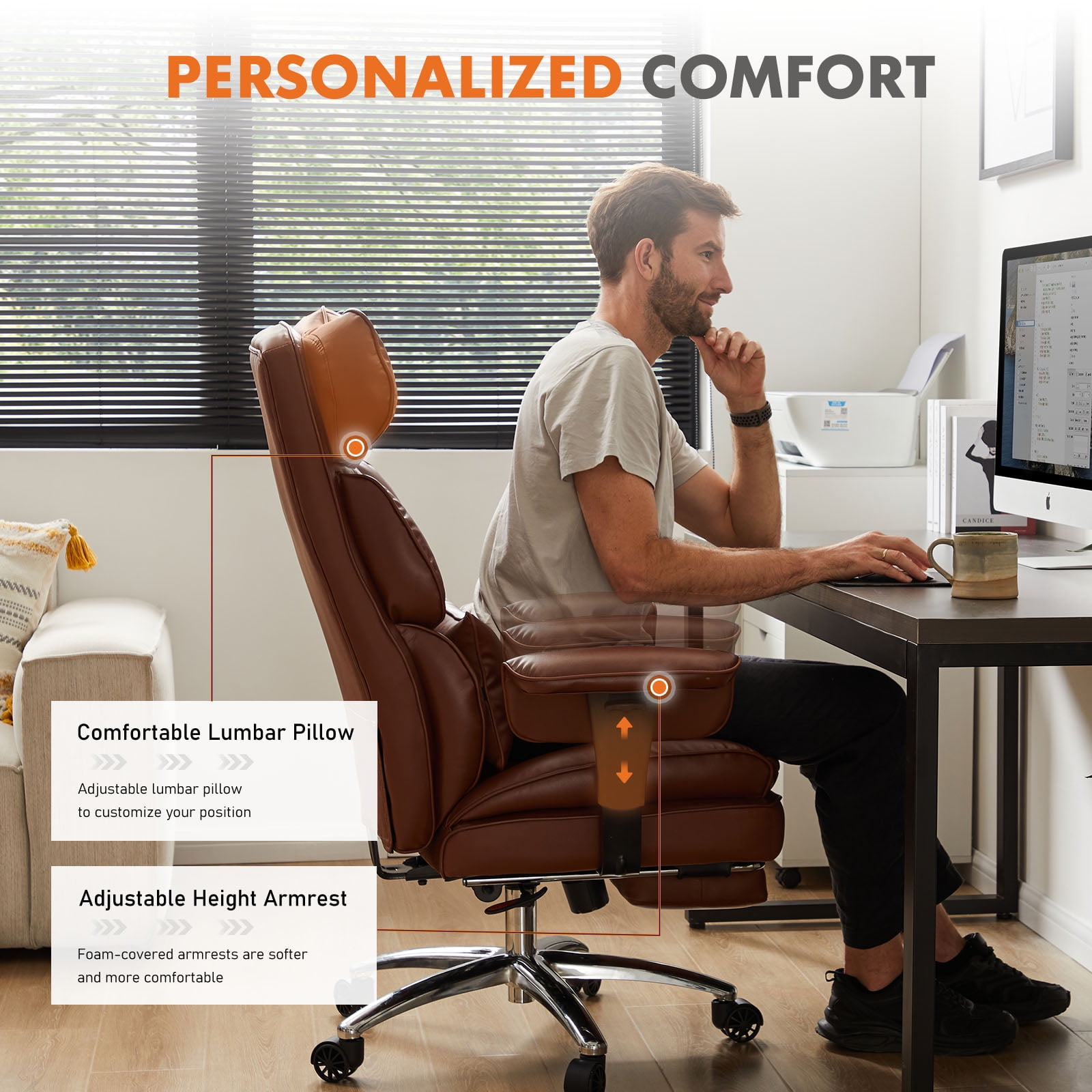 GIANNA Executive Home Office Desk Chair Ergonomic Big Tall High Back with Footrest & Lumbar Support, Reclining Height Adjustable Comfy PU Leather Computer Gaming with Swivel Wheels, Brown