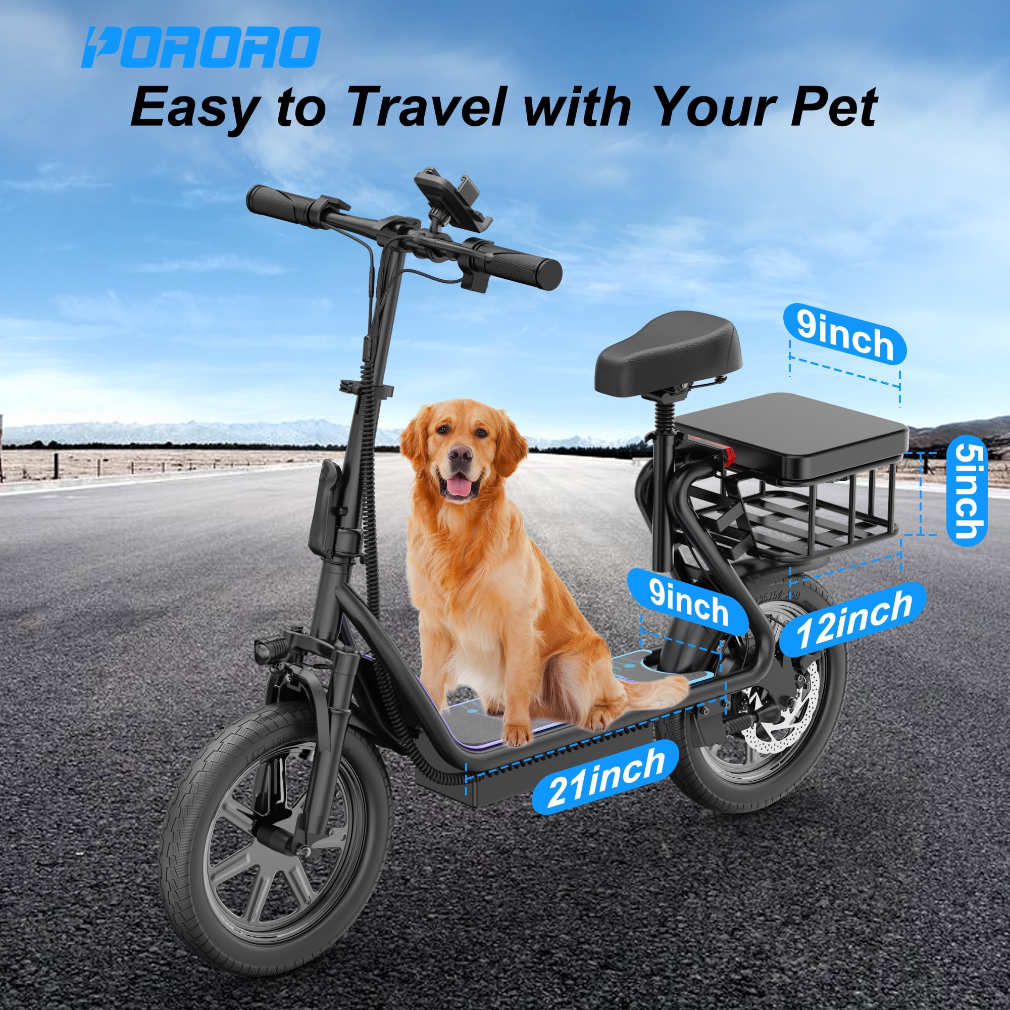 PORORO Electric Scooter with Seat, Max 25 Miles Range, with 14" Tires, 500W, 22MPH, Black