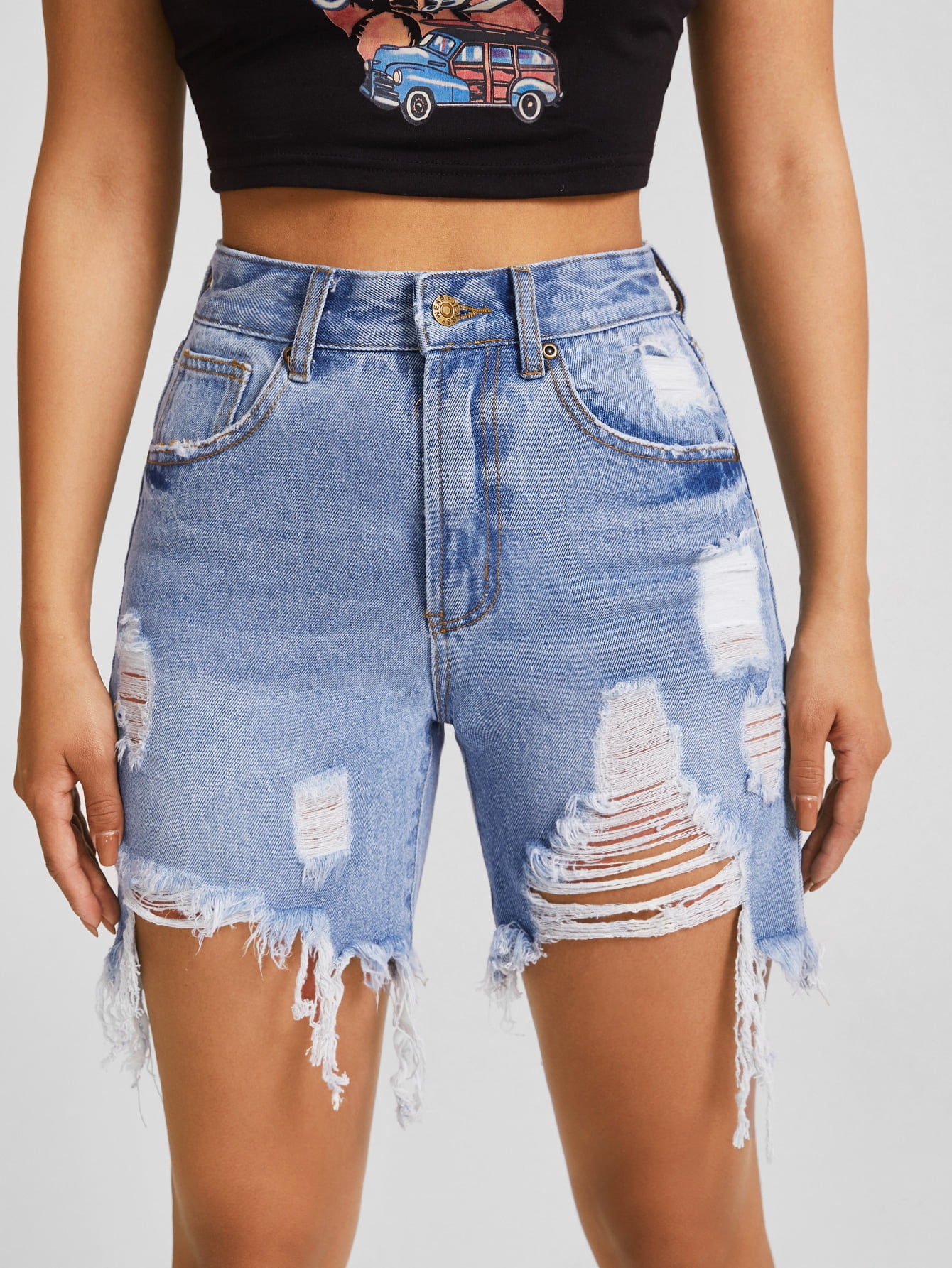 Women's High Waist Ripped Raw Hem Denim 