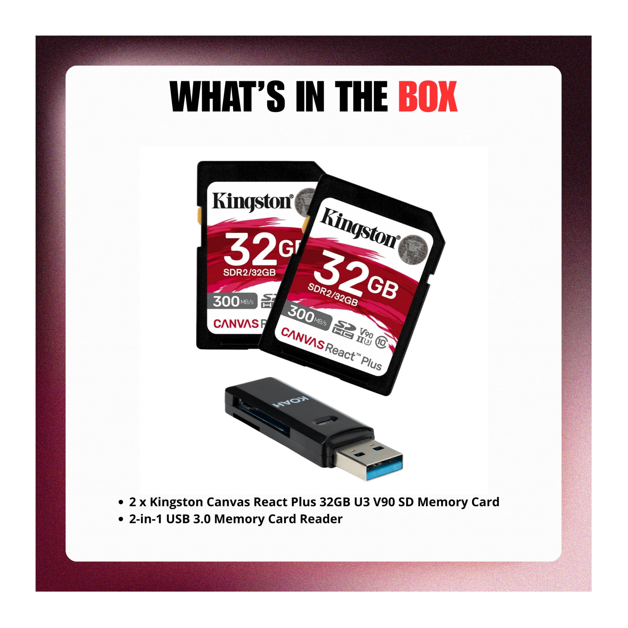Kingston Canvas React Plus 32GB U3 V90 SD Memory Card Bundle with Card Reader (3 Items)