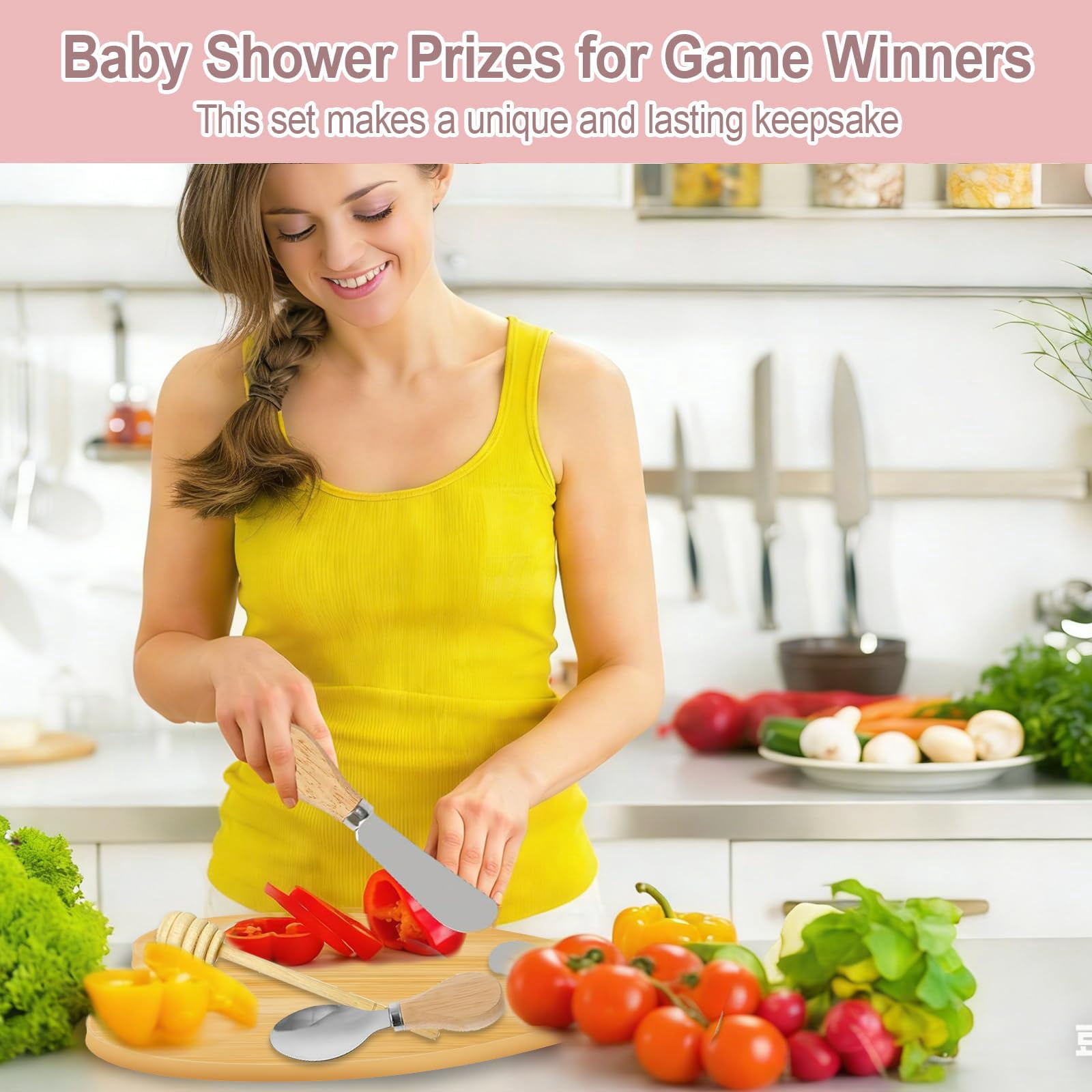 62 Pcs/6 Set Baby Shower Prizes for Game Winners, Heart Bamboo Cheese Board Gift for Guest with Knives Fork Spoon, Honey Sticks, Tablecloth, Eucalyptus Stem, Gift Bag, Bridal Shower Party Favors