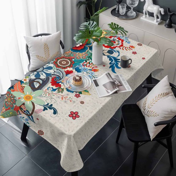 Boho Flowers Table Cloth Waterproof Tablecloths, Abstract Ethnic Vintage Bohemian Floral Tablecloth Dining Table Cover for Kitchen Party Tabletop Outdoor, Rectangle Tablecloth 60x120 Inch