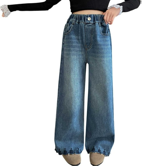 JLMSPLWG Girls Wide Leg Jeans with Embroidery Kids High Waist Pants Tween Girls Vintage Cute Loose Distressed Jean Teen Girls Gradient Color Preppy Baggy Denim Jean with Pockets Girl Clothes