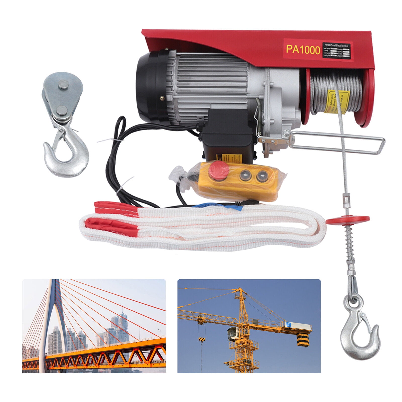 PA1000kg 2200LB Electric Wire Hoist Winch Hoist Crane Lift w/Remote Control 110V PA1000 Electric Wire Hoist Winch Engine Crane Lift Sling Strap 2200 Lbs w/Remote