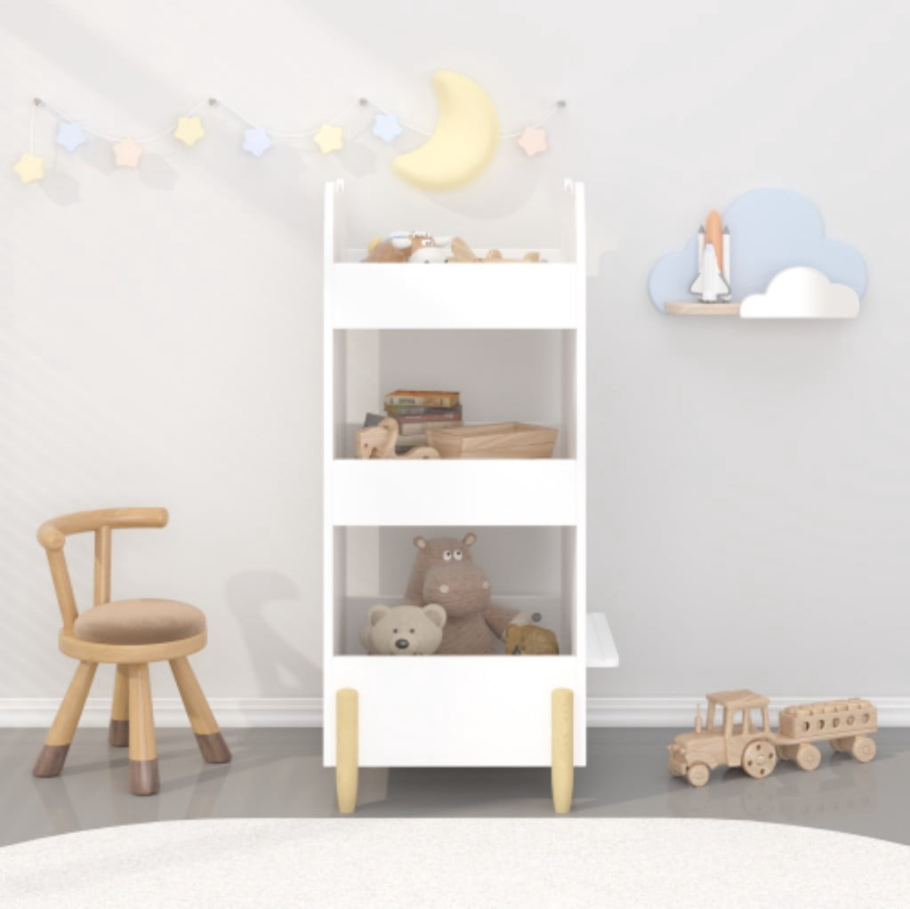 Kids Bookshelf with Chalkboard Side, Bear-Shaped Wooden Bookcase with 3-Tier Open Storage, Drawing Board & Toy Organizer for Toddler Bedroom, White