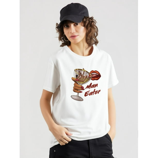 Women's Casual Crew Neck T-Shirt with "for Man Eater" Graphic Print, Medium Stretch, Fashionable Short Sleeve Top for Spring/Summer/Fall