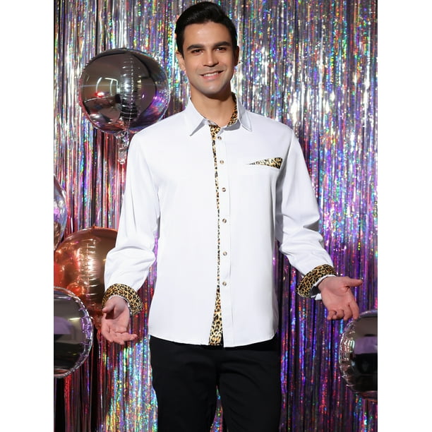 Men s Button Down Constrast Leopard Print Party Dress Shirts White