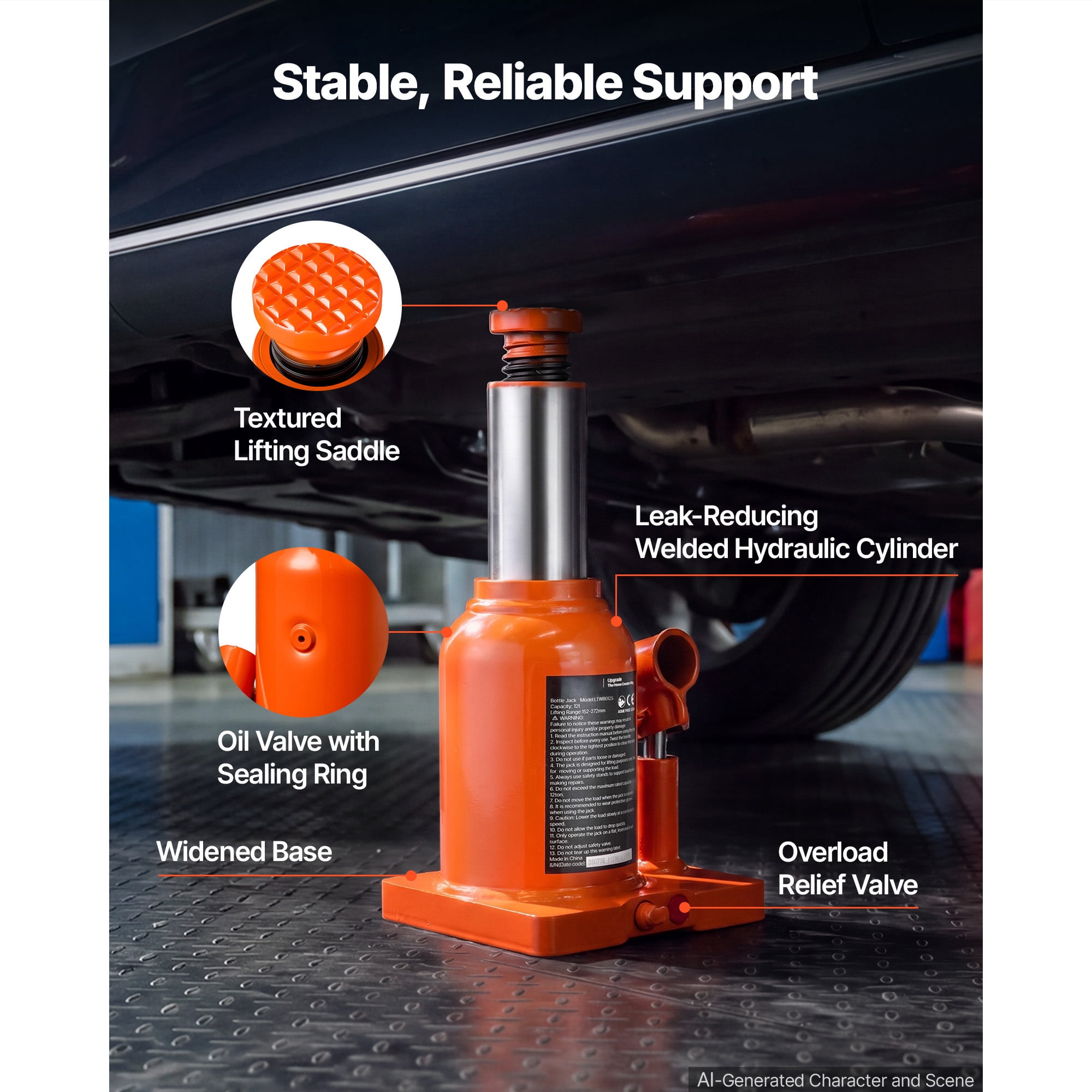 KFFKFF Hydraulic Bottle Jack 12 Ton (26455.5 lbs) with 5.98"-10.71" Lifting Range, Suitable for Heavy-Duty Vehicles, Medium Trucks, Durable Welded Design with 3-Section Long Handle, Orange