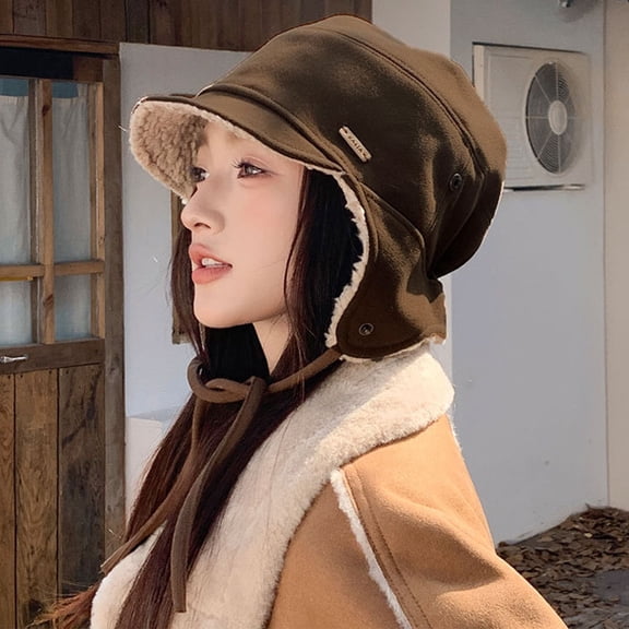 Roncen Women's Detachable Ear Flap Bucket Hat, Plush Fleece Lined Winter Beanie with Tie Strings in Beige, Warm Trapper Hat