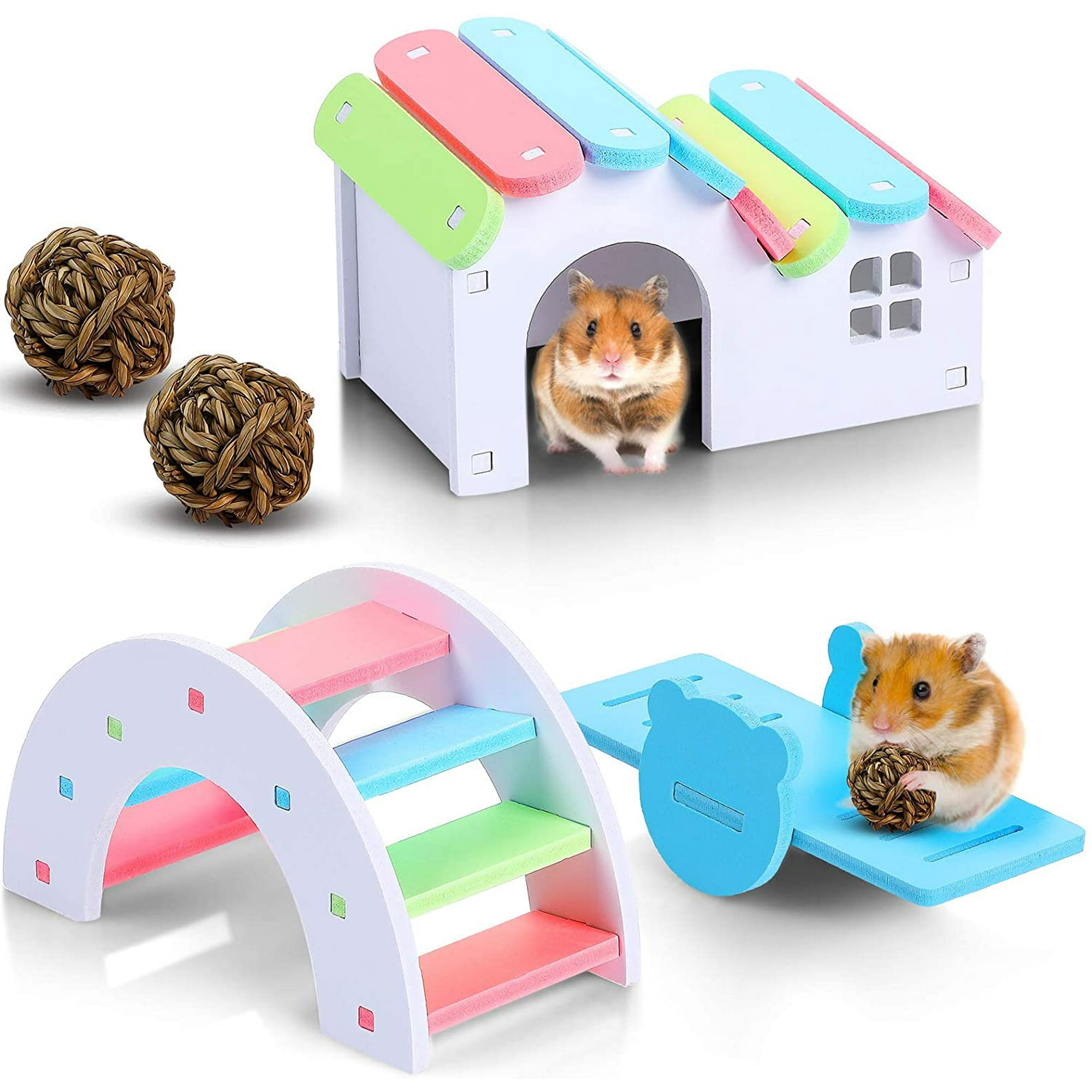 5 Pieces Rainbow Hamster Toys Set Include Wooden Hamster House Rainbow Hamster Seesaw Toy Bridge Sport Exercise Toy and Exercise Chew Grass Balls for Small Animal Gerbil Hamster Hedgehog Walmart