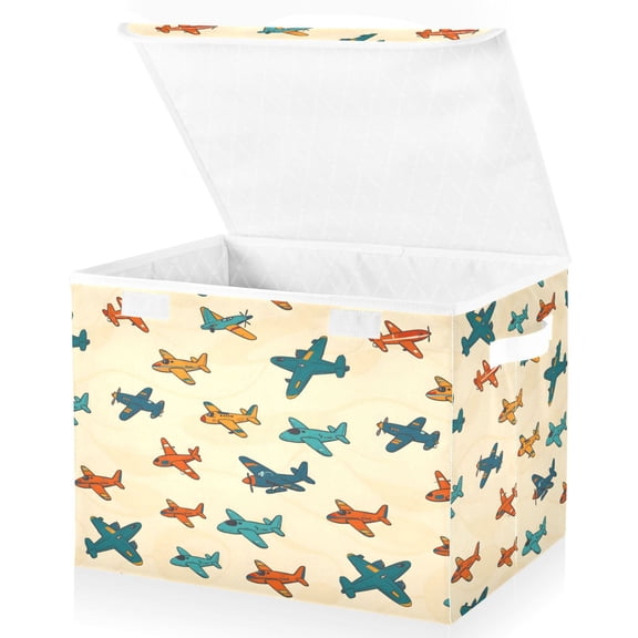 Yayeee Collapsible Cube Storage Bin with Lid Fabric Closet Decorative Basket with Handles, Brown Cartoon Planes Pattern