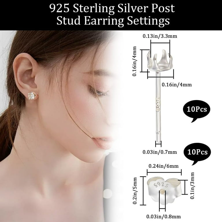 1Box 10Pcs Post Stud Earring Findings Sterling Silver Round Claw Prong Blank Earring CabochonSettings with 3.3mm Tray and 10Pcs Ear Nuts Walmart