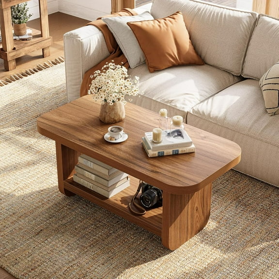 Tribesigns 47.2" Coffee Table, 2-Tier Coffee Table with Storage, Safe Rounded Corners for Living Room, Bedroom, Brown