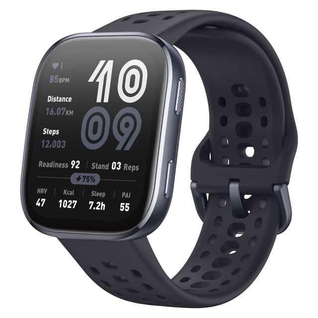 amazfit bip 6 negro smartwatch con pantalla AMOLED de 1,97" en vista 3/4 frontal; caja negra de polímero reforzado y marco de aleación de aluminio, pantalla táctil 390 x 450 px mostrando ritmo cardiaco, distancia y pasos; correa perforada de silicona líquida de 22 mm con hebilla clásica, resistencia 5 ATM y sensores BioTracker visibles. Diseñado para monitorización 24/7 y más de 140 modos deportivos; también es adecuado para controlar métricas en carrera y ciclismo.