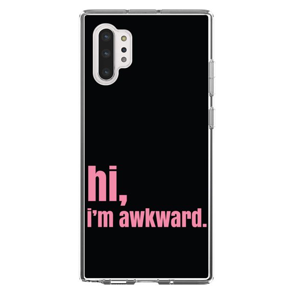 DistinctInk Clear Shockproof Hybrid Case for Galaxy Note 10 PLUS (6.8" Screen) - TPU Bumper, Acrylic Back, Tempered Glass Screen Protector - Black Pink "hi, I'm awkward."