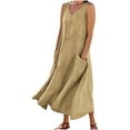 thumbnail image 2 of Jinhomg Plus Size Tank Dress for Women Casual Loose Cotton Linen Maxi Dresses Lightweight Comfy Sleeveless Crew Neck Vacation Sundresses with Pockets Khaki XXXXL, 2 of 5