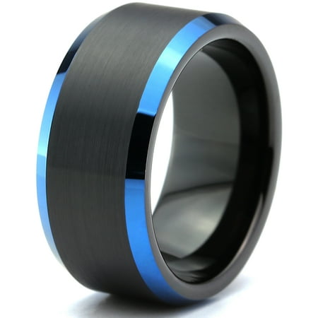 Tungsten Wedding Band Ring 10mm for Men Women Black Blue Beveled Edge Brushed Lifetime Guarantee