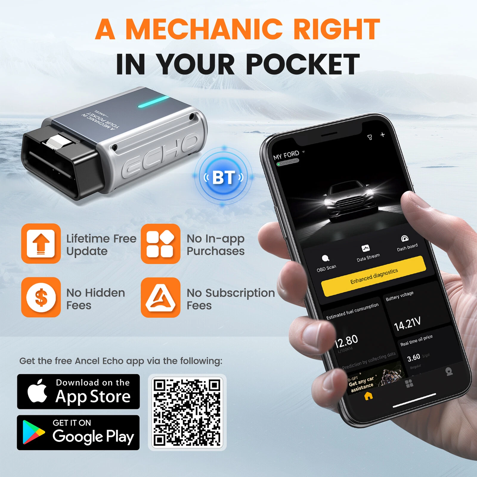 ANCEL ECHO OBD2 Scanner Bluetooth Full System Diagnostic Tool Bidirectional Code Reader for IOS & Android, Full OBD2 Function, 3+ Maintenance, Lifetime Free Update