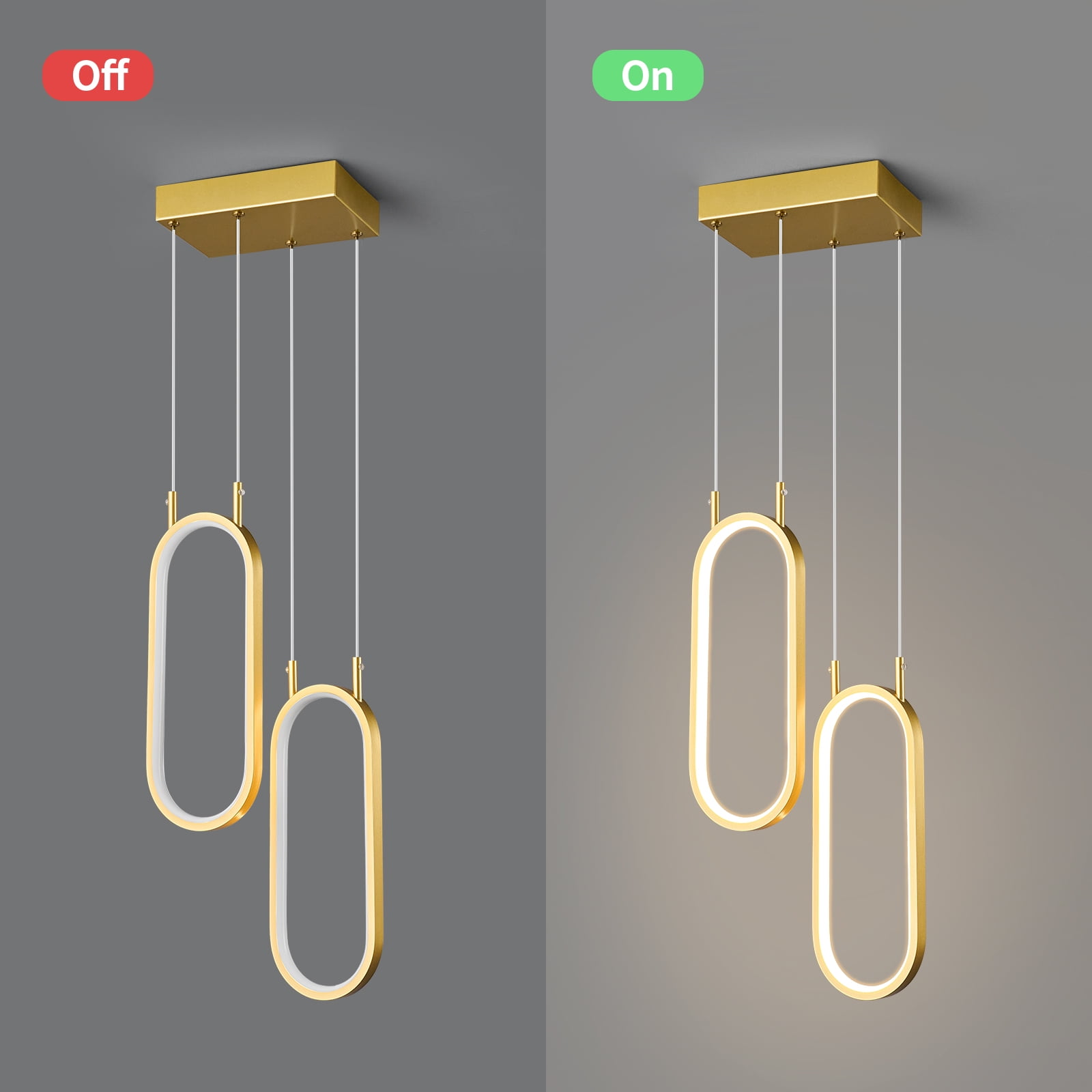 Gold Kitchen Pendant Light LED Oval Chandelier 2 Rings Pendant Light Fixture for Kitchen Island Dining Room Living Room Bedroom