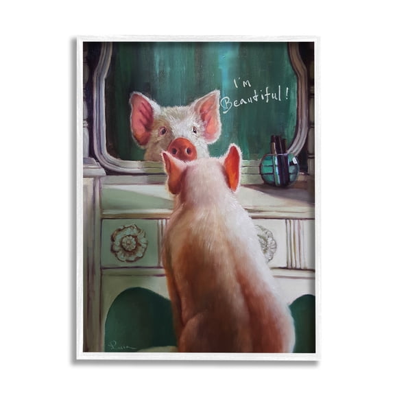 Stupell Industries I'm Beautiful Painted Pig in Mirror Illustration Paintings White Framed Art Print Wall Art, 11x14, by Lucia Heffernan