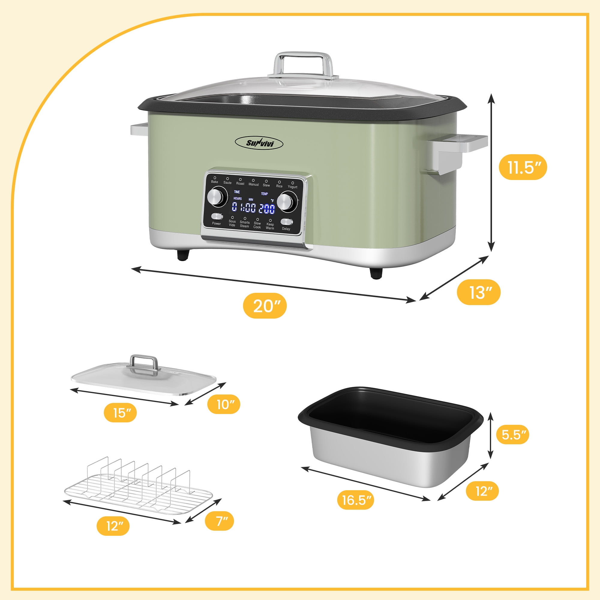 Sunvivi 8-Quart 12-in-1 Programmable Slow Cooker Roaster Oven, Multi-Cooker with Digital Timer, Adjustable Temperature, Removable Non-Stick Pot & Dishwasher-Safe Glass Lid, Green