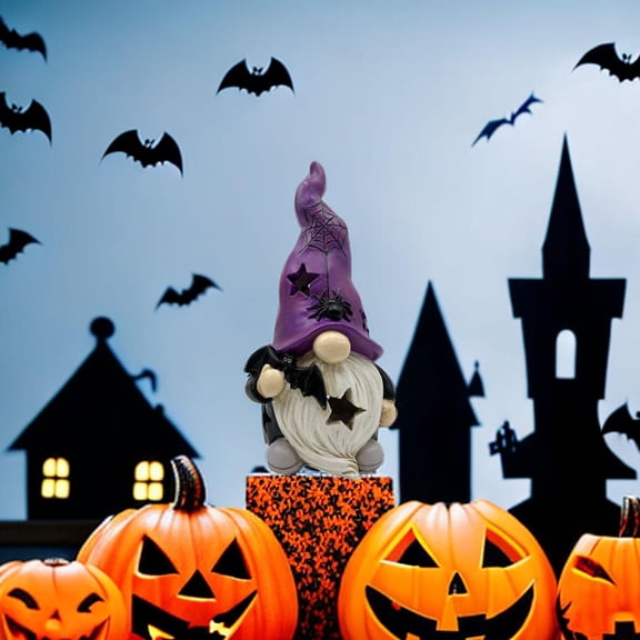 sruoe Halloween Ornaments, Halloween Garden Gnomes Statue Resin Witch Gnome Figurines Wear Star Witch Hat Hold Table Party Decor, Halloween Decorations Prop Party Backyard Decor