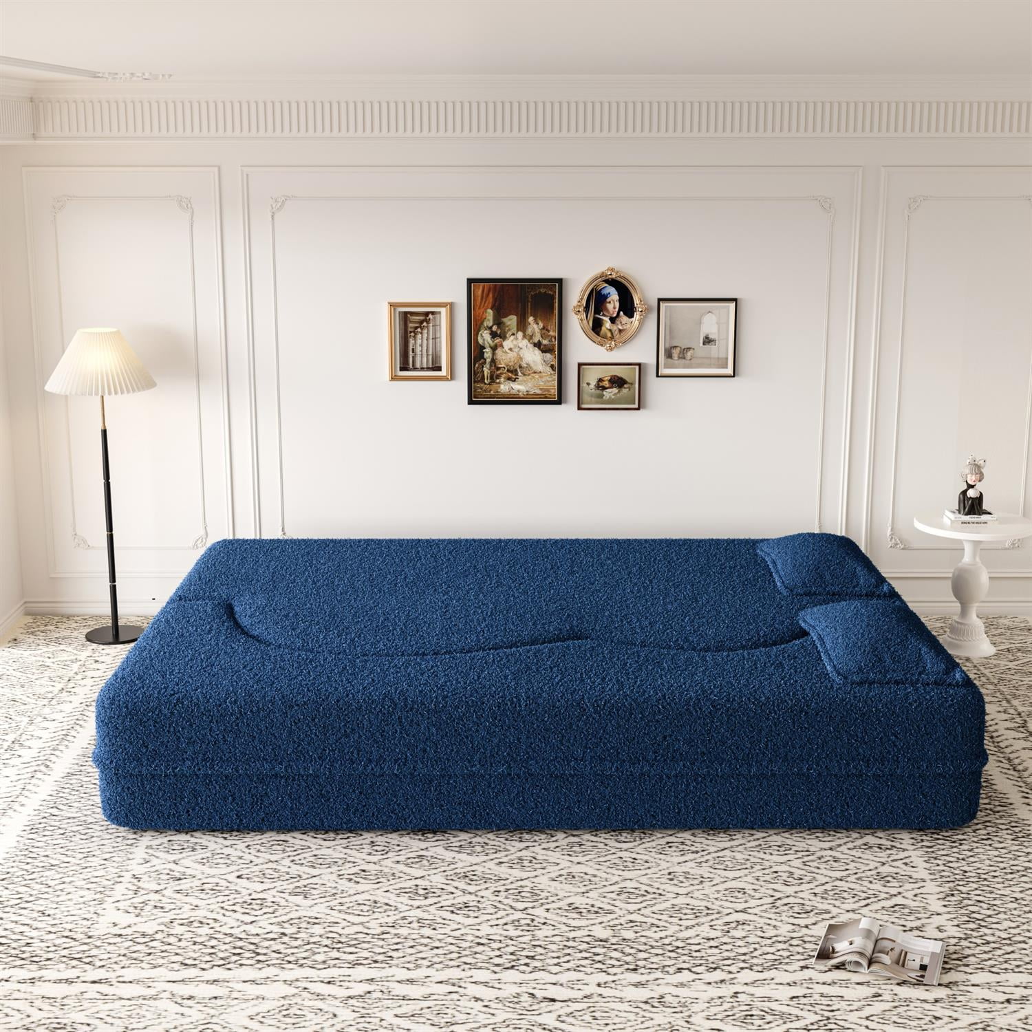 Demi Bonn 78" Modern Floor Sofa Bed with 2 Pillows, Convertible Teddy Fabric Full Size 15" Foam Mattress, No Assembly, Stylish Sleeper Couch for Living Room, Blue