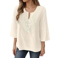 thumbnail image 2 of 3/4 Length Sleeve Womens Tops Spring Summer Casual Cotton Linen Lightweight Loose V Neck Boho T Shirts Blouse, 2 of 5