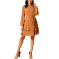 thumbnail image 2 of INSPIRE CHIC Women's Fall Dresses Round Neck Long Sleeve Waist Tie Ruffle Mini Swing Skater Dress M Brown, 2 of 6