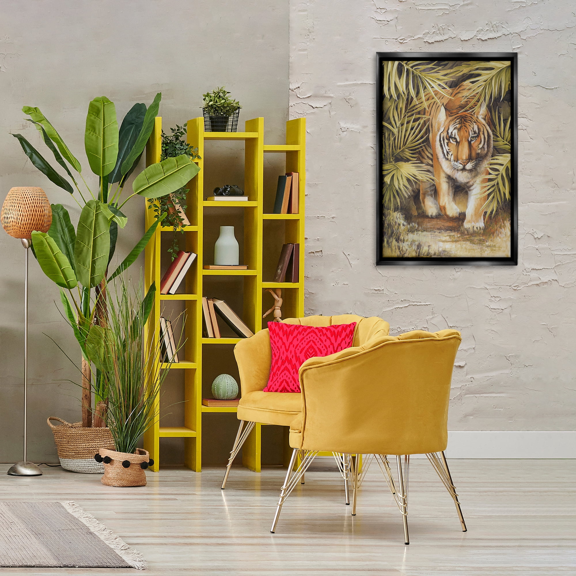 Stupell Industries Tiger Prowling Through Leaves Animals & Insects Painting Black Floater Framed Canvas Art Print Wall Art, 21 x 31