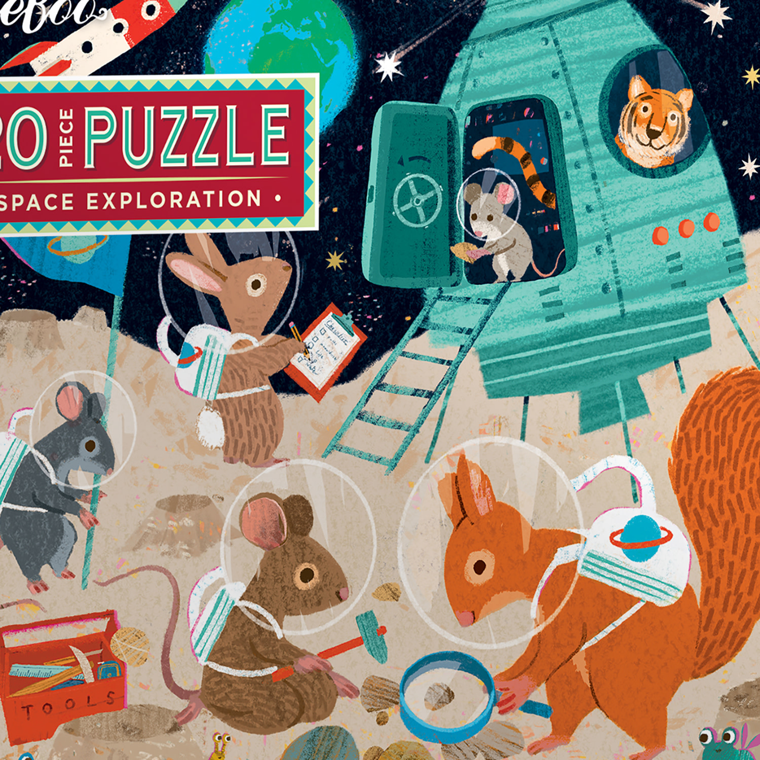 eeBoo: Space Exploration - 20 Piece Puzzle - 15 x 11" Kids Jigsaw, Oversized Glossy High-Quality Pieces, Animals On The Moon, Preschool Puzzle, Age 3+