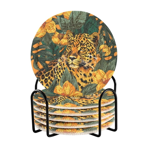 Leopard and Flowers Leaves 6 Pcs Drink Coasters with Holder Absorbent Coasters Woven Coasters for Drinks Table Desk Protection Home Decor