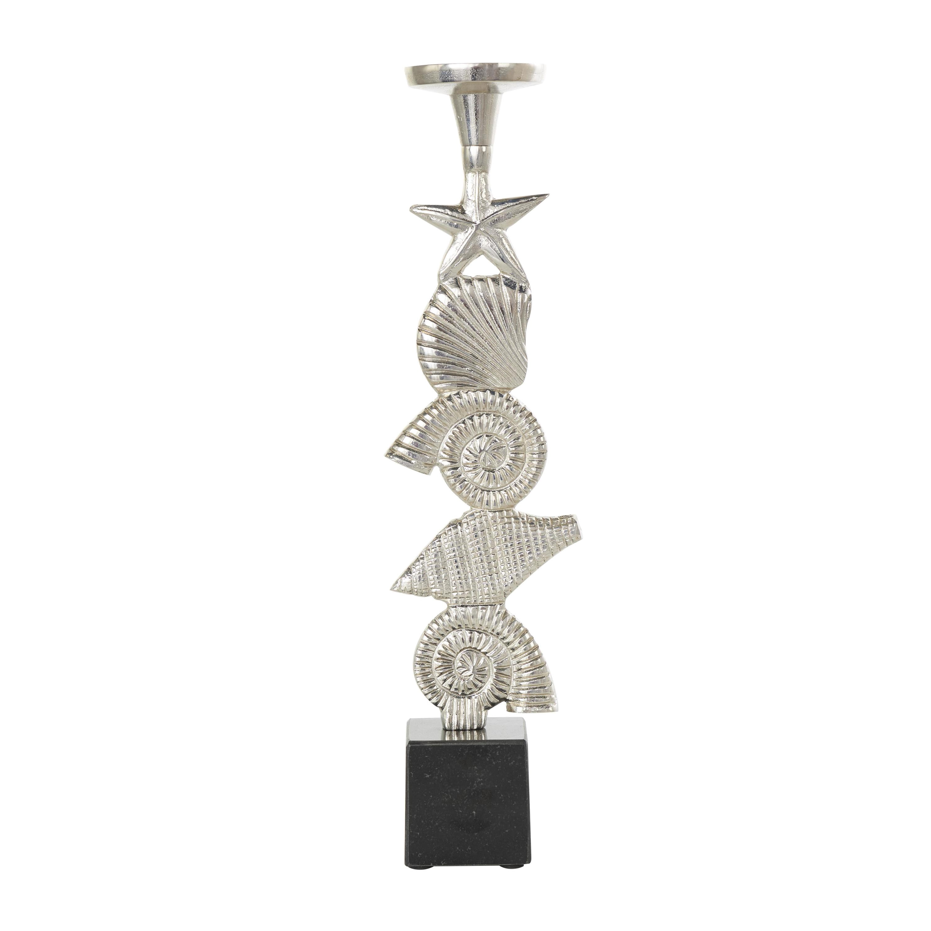 DecMode 2 Candle Silver Aluminum Metal Shell Candle Holder with Black Marble Bases, Set of 2