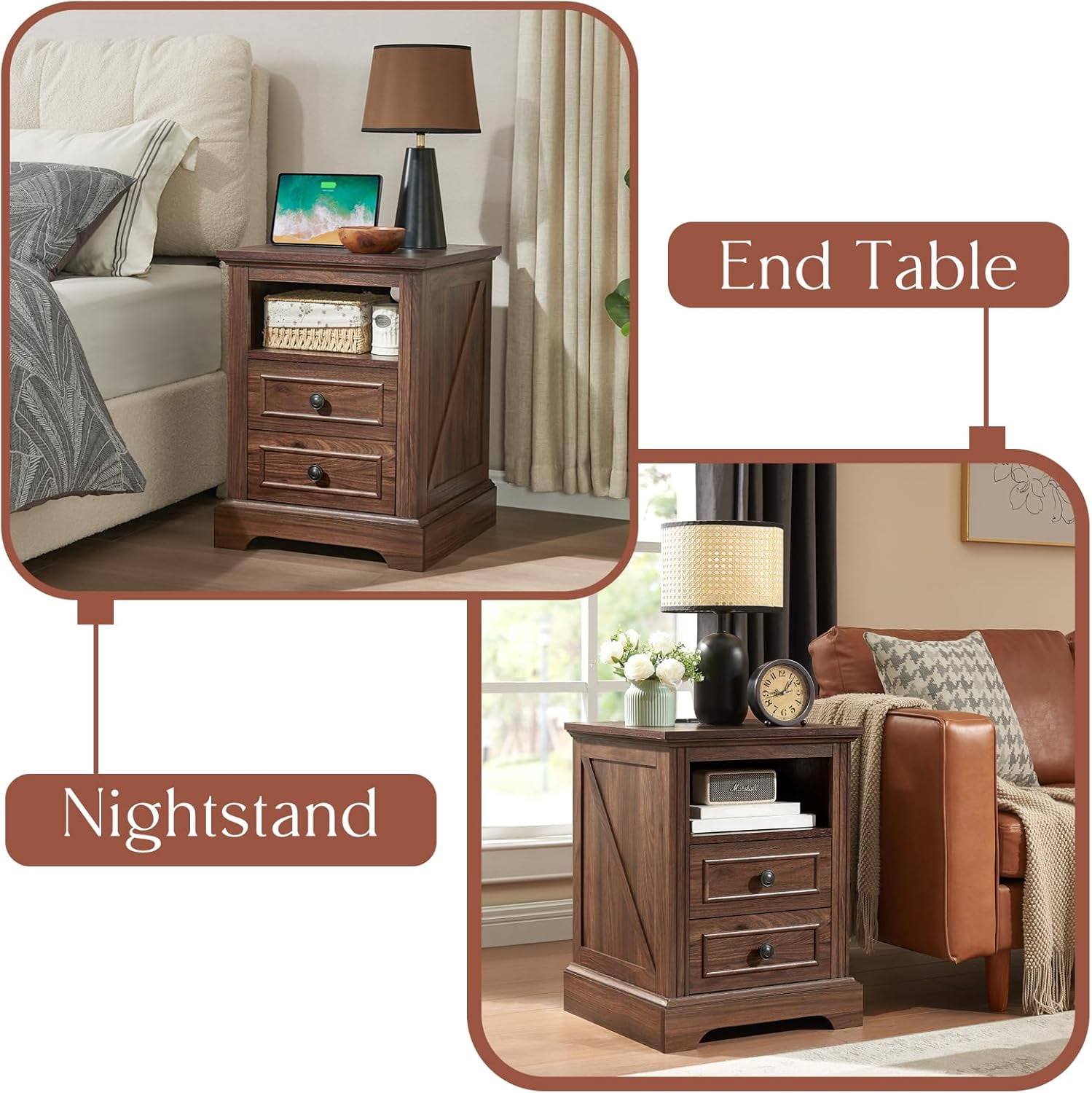 18" Farmhouse Nightstand with Charging Station,Side Table with 2 Drawers and Open Storage, Side Table,Bedside Cabinet for Bedroom,Living Room,Brown