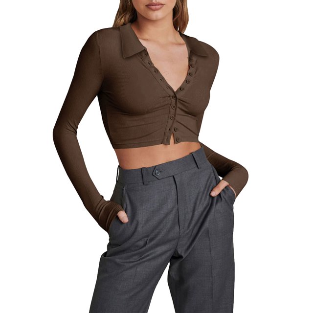 Diconna Women Crop Ribbed Tops Solid Color Long Sleeve Basic Shirt Casual Button Cardigan for Club Streetwear
