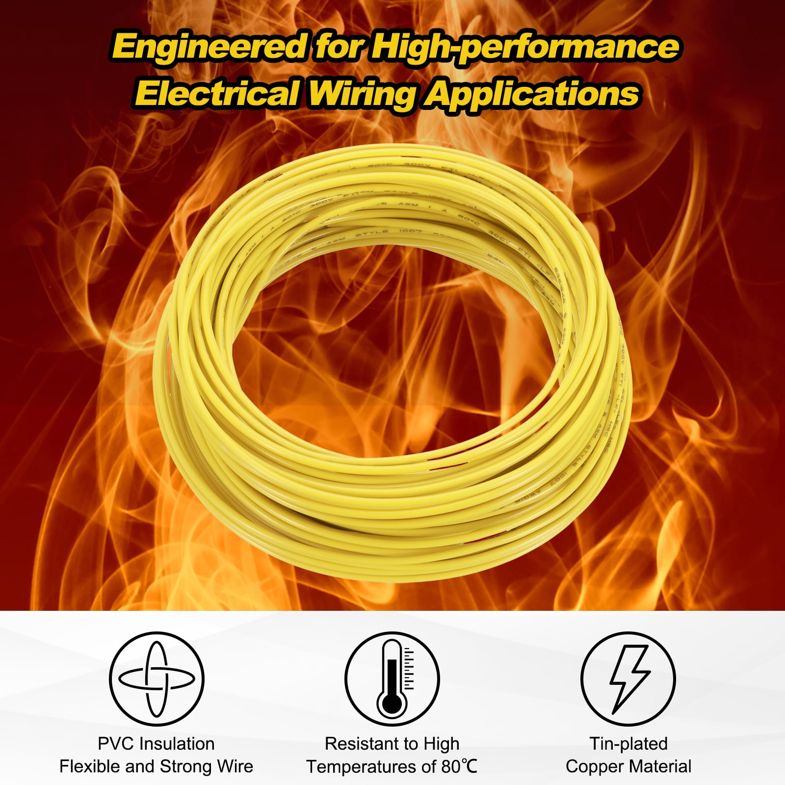 Uxcell 14 Gauge Hook Up Wire 50FT 300V Tinned Copper Electrical Wire, Yellow