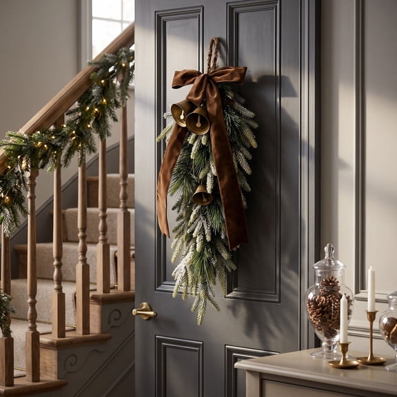 Norfolk Pine Christmas Door Swag with Bells, 23.6 inch Teardrop Greenery Hanging Accent with Brown Velvet Ribbon, Rustic Winter Decoration for Front Door, Porch, Wall & Entryway Decor