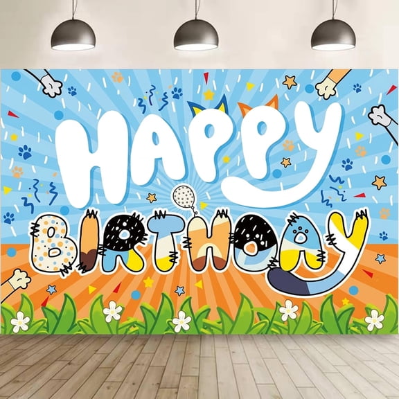 Cartoon Blue Dog Happy Birthday Backdrop Banner Poster for Cartoon Blue Dog Theme Party Decorations Birthday Supplies Background Studio Shoot Photo Props Booth