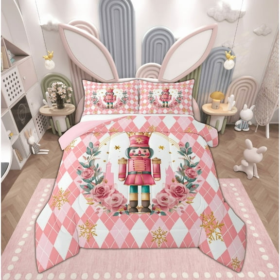 Feelyou Merry Christmas Child Bedding Comforter Set, Cartoon Fairy Tale Twin Comforter Sets, Pink Plaid Buffalo Reversible Bedding Set, Luxury Bedroom Decor, 2pcs