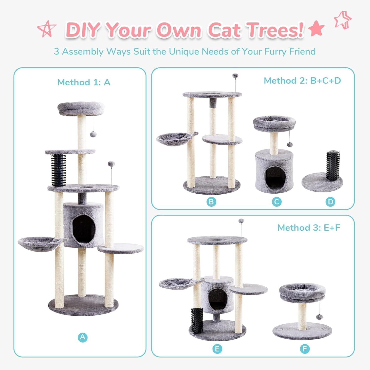 4 PETS Cat Tree for Indoor Cats, 60.2 inch Tall, 5-Level, Modern, Grey, Sisal Scratch Posts, Cat Condo with Hammock, Cat Tower for Large Breeds
