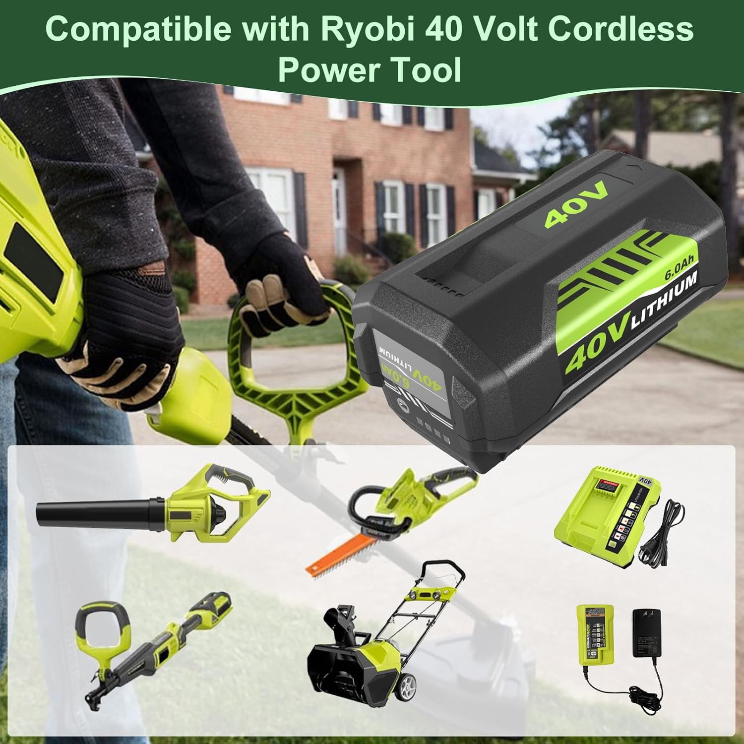 2 Pack 6.0Ah 40 Volt Replacement for Ryobi 40V Battery and Charger Kit Lithium OP4040 OP40401 OP4026 OP40261 OP4050 OP40601 (Green)